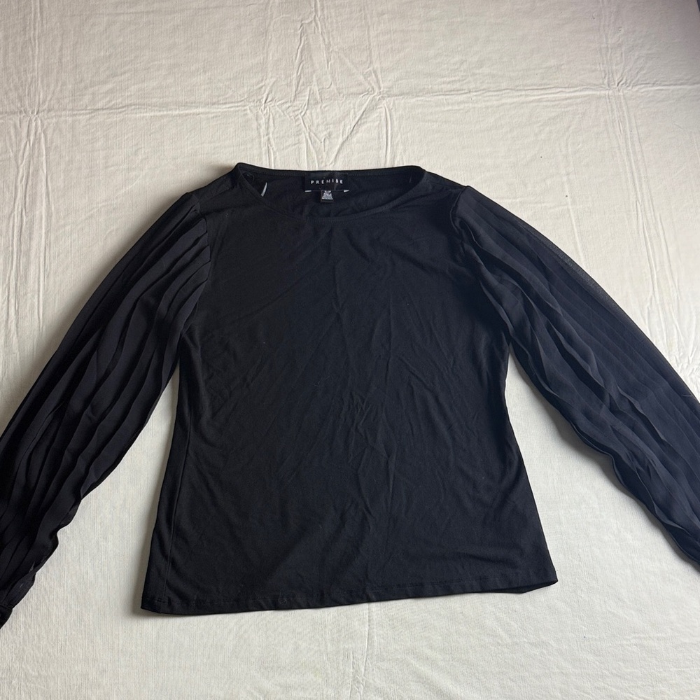 Premise Women's Black Crewneck Pleated Sleeves Top Size S